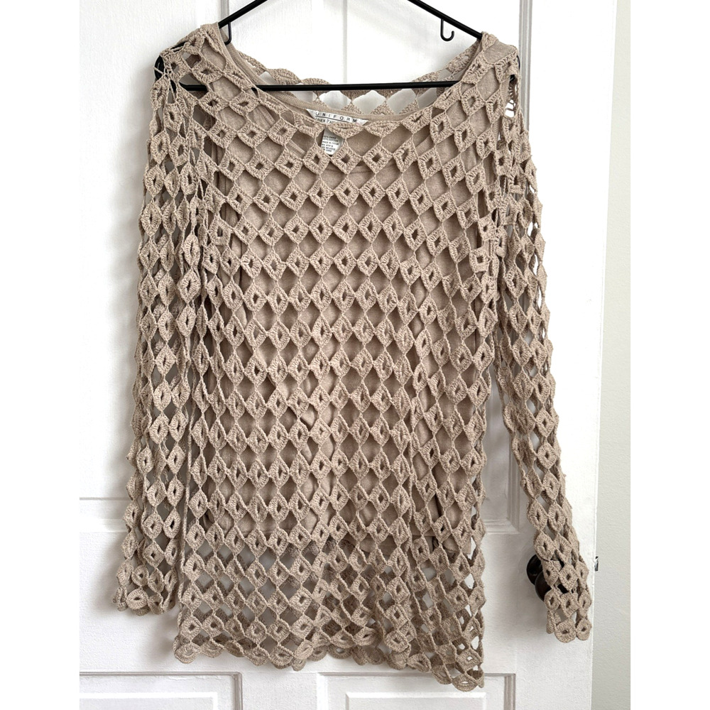 Uniform John Paul Richard Tan Crochet Open Knit Long Sleeve Top Ramie Cotton M